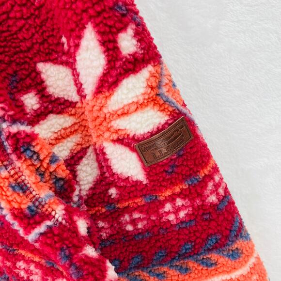 LL Bean Fleece Sweater Womens XL Cozy Cottage Funnel Neck Fair Isle Pullover Red - Picture 4 of 14